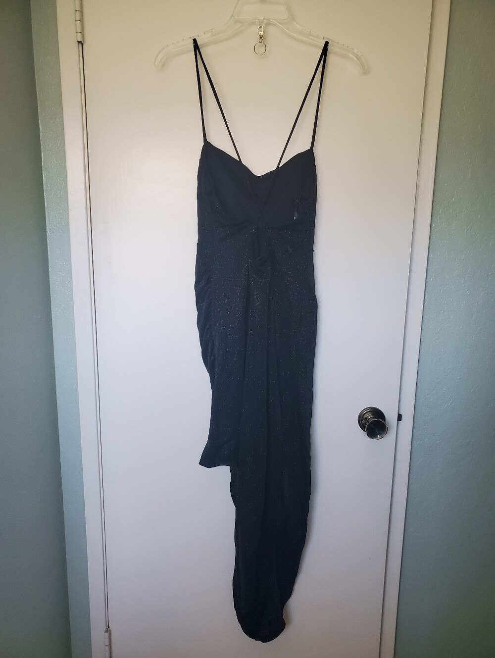 QUSA  Womans Junior Black Goth Glittery  Party Assemetrical Hem Midi Dress Sz S